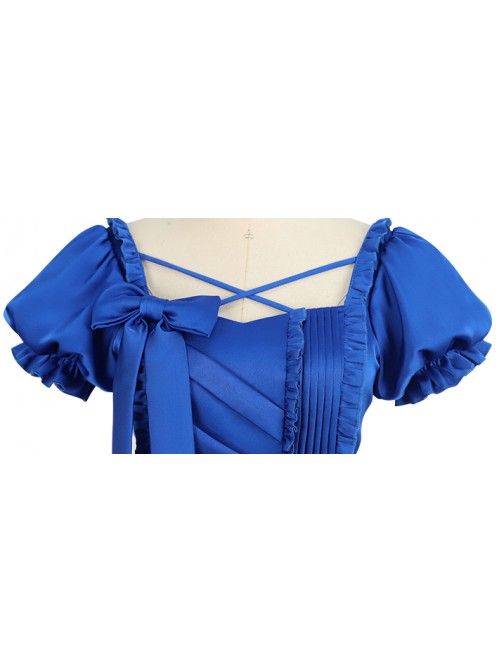 Simple Solid Color Klein Blue OP Pleated Lace Bow Knot Decoration Cross Straps Classic Lolita Short Sleeve Dress Set