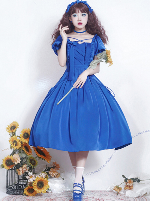 Simple Solid Color Klein Blue OP Pleated Lace Bow Knot Decoration Cross Straps Classic Lolita Short Sleeve Dress Set