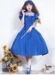 Simple Solid Color Klein Blue OP Pleated Lace Bow Knot Decoration Cross Straps Classic Lolita Short Sleeve Dress Set