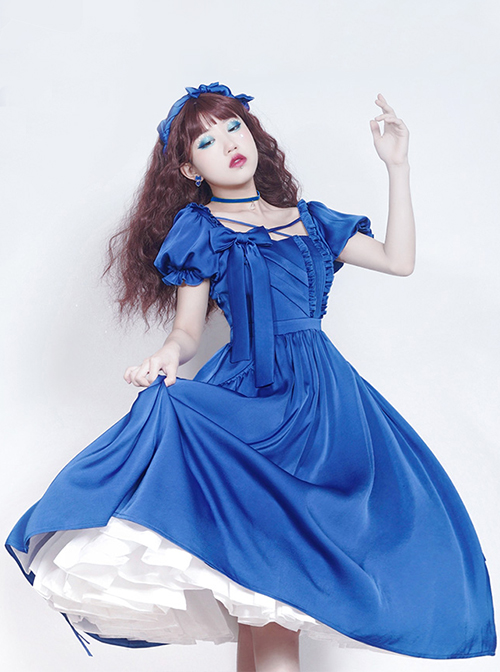 Simple Solid Color Klein Blue OP Pleated Lace Bow Knot Decoration Cross Straps Classic Lolita Short Sleeve Dress Set