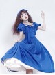 Simple Solid Color Klein Blue OP Pleated Lace Bow Knot Decoration Cross Straps Classic Lolita Short Sleeve Dress Set