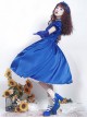 Simple Solid Color Klein Blue OP Pleated Lace Bow Knot Decoration Cross Straps Classic Lolita Short Sleeve Dress Set