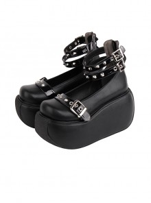 Black Round Toe Platform Metal Rivet Square Buckle Design Punk Platform Shoes