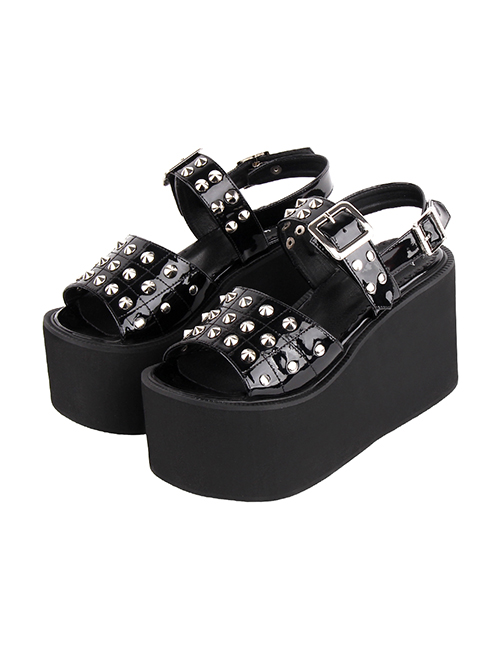 Punk Style Summer Open Toes Metal Studs Slip-On Black Platform Sandals 