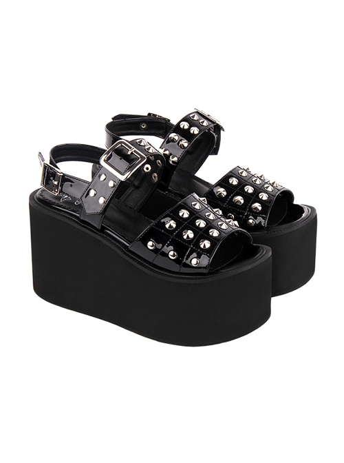 Punk Style Summer Open Toes Metal Studs Slip-On Black Platform Sandals 