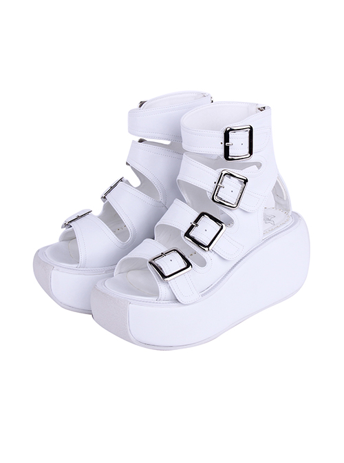 Summer Punk High-Top Heel Hollow Out Cortex Tie Square Buckle Decoration Open Toe Platform Sandals