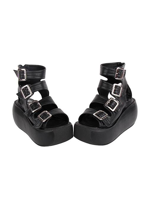 Summer Punk High-Top Heel Hollow Out Cortex Tie Square Buckle Decoration Open Toe Platform Sandals