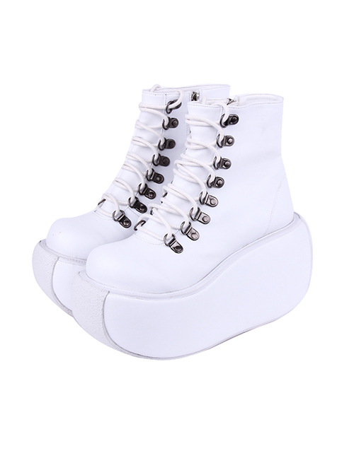 Dark Series Punk Style Round Head Cross Strap Design Platform High Heels Short Boots