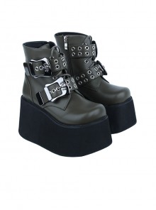 Dark  Roundhead Metal Buckle Belt Square Skull Decoration Platform Wedge Punk Style Zipper Short Boots