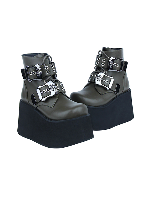 Dark  Roundhead Metal Buckle Belt Square Skull Decoration Platform Wedge Punk Style Zipper Short Boots