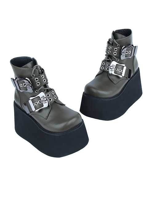 Dark  Roundhead Metal Buckle Belt Square Skull Decoration Platform Wedge Punk Style Zipper Short Boots