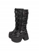 Solid Color Big Round Head Punk Style Belt Metal Square Skull Decoration Zip-Up High Boots