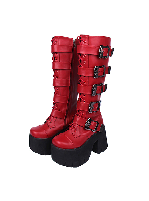 Solid Color Big Round Head Punk Style Belt Metal Square Skull Decoration Zip-Up High Boots