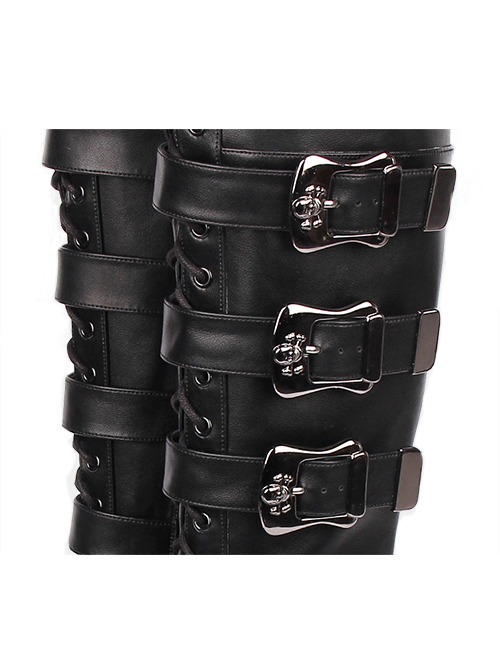 Solid Color Big Round Head Punk Style Belt Metal Square Skull Decoration Zip-Up High Boots