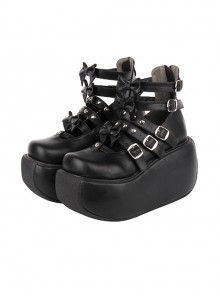 Solid Color Round Head Metal Rivet Belt Bow Knots Decoration Platform Classic Lolita Platform Shoes