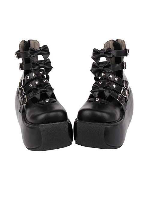 Solid Color Round Head Metal Rivet Belt Bow Knots Decoration Platform Classic Lolita Platform Shoes