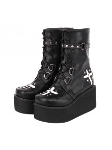 Dark Cool Cross Pattern Decoration Metal Rivet Belt Punk Round Toe Platform Shoes