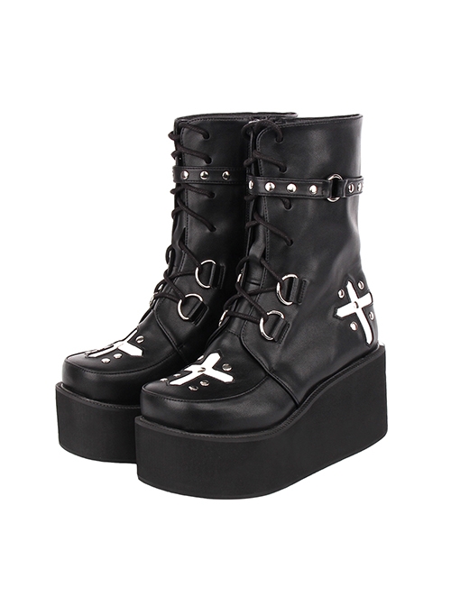 Dark Cool Cross Pattern Decoration Metal Rivet Belt Punk Round Toe Platform Shoes