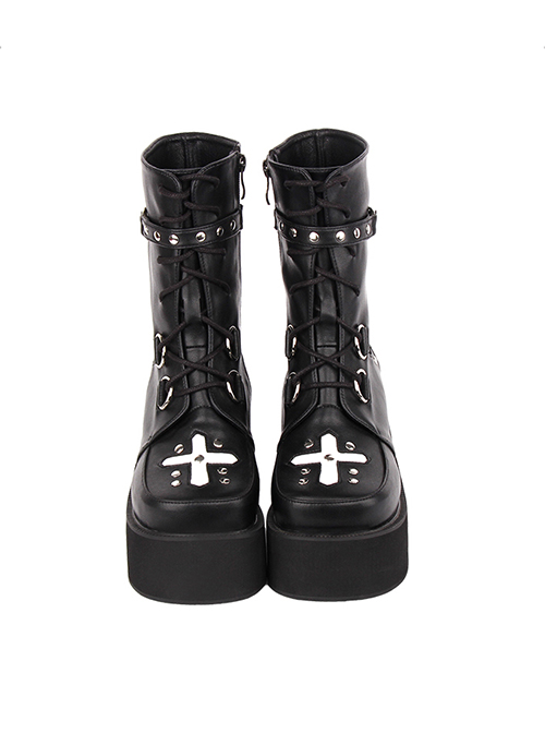 Dark Cool Cross Pattern Decoration Metal Rivet Belt Punk Round Toe Platform Shoes