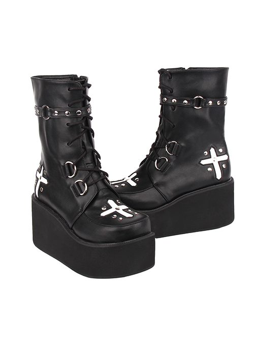 Dark Cool Cross Pattern Decoration Metal Rivet Belt Punk Round Toe Platform Shoes