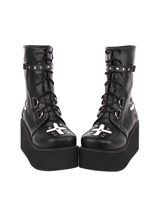 Dark Cool Cross Pattern Decoration Metal Rivet Belt Punk Round Toe Platform Shoes