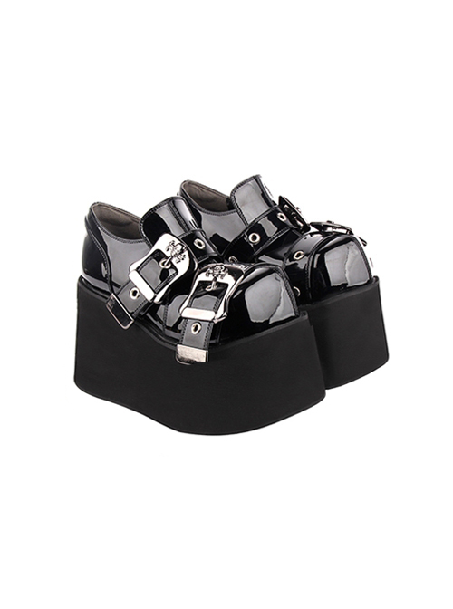 Simple Round Head Black Lacquer Metal Square Buckle Skull Decoration Super High Heel Punk Style Platform Shoes