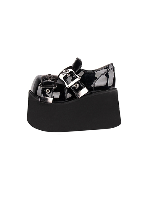 Simple Round Head Black Lacquer Metal Square Buckle Skull Decoration Super High Heel Punk Style Platform Shoes