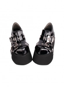 Simple Round Head Black Lacquer Metal Square Buckle Skull Decoration Super High Heel Punk Style Platform Shoes