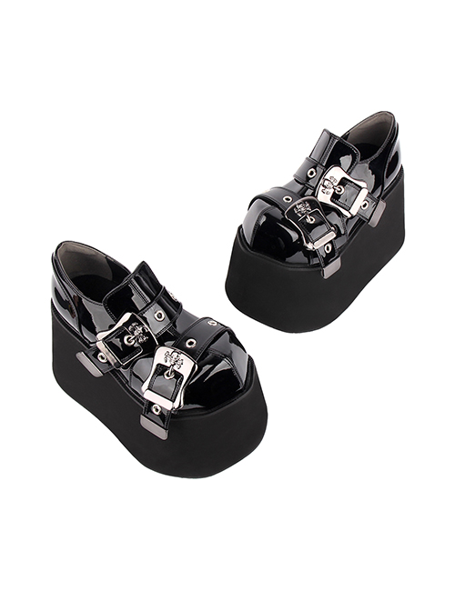 Simple Round Head Black Lacquer Metal Square Buckle Skull Decoration Super High Heel Punk Style Platform Shoes