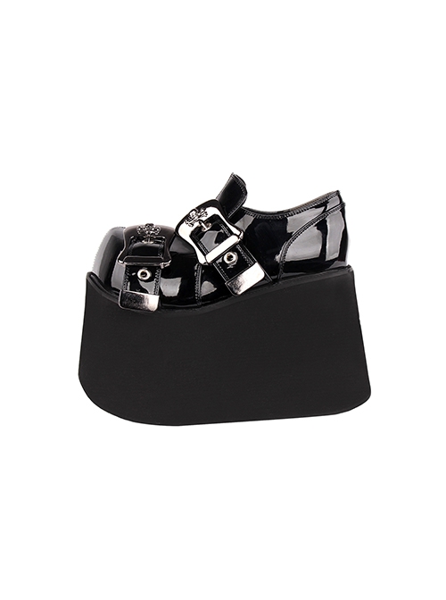 Simple Round Head Black Lacquer Metal Square Buckle Skull Decoration Super High Heel Punk Style Platform Shoes