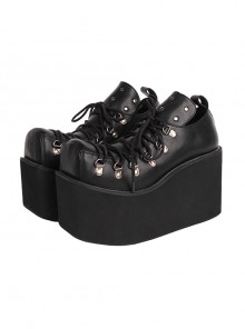 Simple Square Head Black Cross-Strap Loop Buckle Design Metal Rivet Decoration Punk Style Platform Shoes