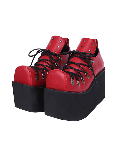 Simple Square Head Black Cross-Strap Loop Buckle Design Metal Rivet Decoration Punk Style Platform Shoes