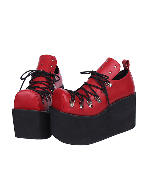 Simple Square Head Black Cross-Strap Loop Buckle Design Metal Rivet Decoration Punk Style Platform Shoes