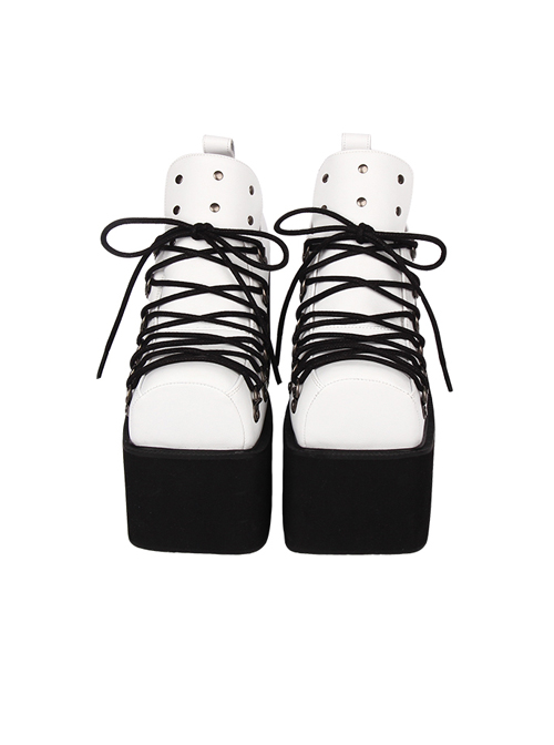 Simple Square Head Black Cross-Strap Loop Buckle Design Metal Rivet Decoration Punk Style Platform Shoes