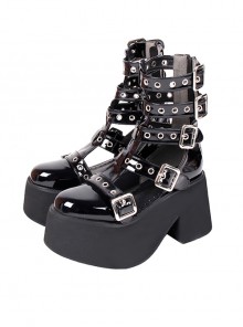 Black Patent Leather Round Metal Ring Square Buckle Strap Design Punk Style Platform Lolita Sandals