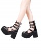 Black Patent Leather Round Metal Ring Square Buckle Strap Design Punk Style Platform Lolita Sandals