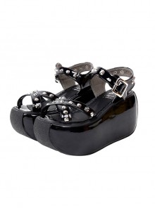 Summer Black Patent Leather Cross Leather Straps Metal Rivet Decoration Punk Style Platform Open Toe Lolita Platform Sandals