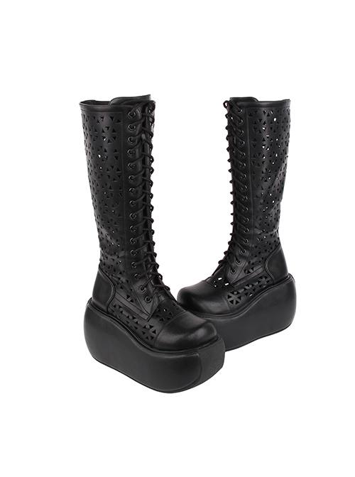 Solid Color Leather Hollow Geometric Pattern Cross Rope Punk Super High Heel Platform High Boots