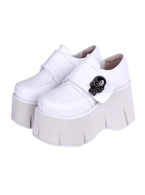 Simple White Thick Bottom Gothic Metal Skull Decoration Cortex Platform Shoes