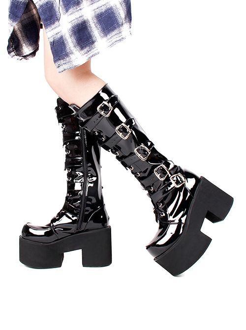 Classic Punk Style Big Round Head Cross Embroidery Patented Leather Buckle Design Lolita Platform High Boots