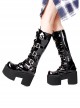 Classic Punk Style Big Round Head Cross Embroidery Patented Leather Buckle Design Lolita Platform High Boots