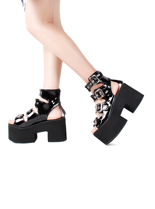 Summer Punk Style Metal Ring Square Buckle Belt Decoration Open-Toe Super High Heel Platform Sandals