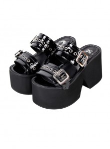 Black Summer Leather Square Buckle Punk Style Open Toe Platform Sandals