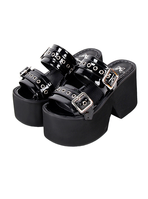 Black Summer Leather Square Buckle Punk Style Open Toe Platform Sandals