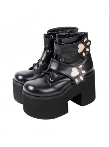 Gothic Pure Black Leather Cute Cat Paw Embroidery Tie Rope Design Lolita Platform Shoes