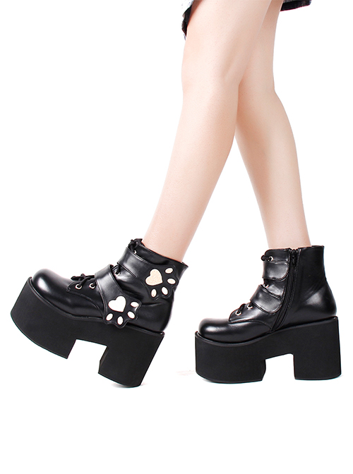 Gothic Pure Black Leather Cute Cat Paw Embroidery Tie Rope Design Lolita Platform Shoes