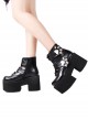 Gothic Pure Black Leather Cute Cat Paw Embroidery Tie Rope Design Lolita Platform Shoes