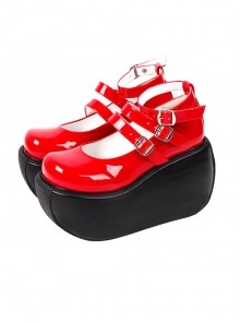 Simple Red Big Round Toe Square Buckle Belt Decoration Classic Lolita Platform Shoes