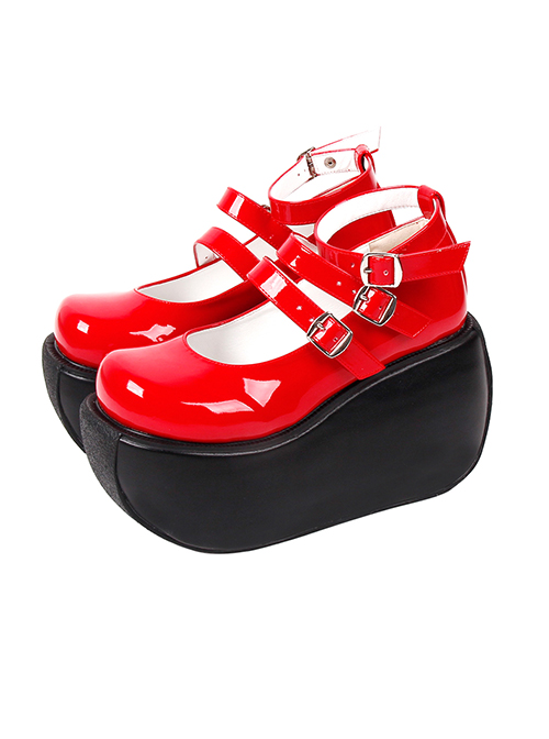 Simple Red Big Round Toe Square Buckle Belt Decoration Classic Lolita Platform Shoes