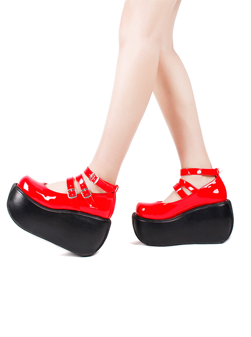 Simple Red Big Round Toe Square Buckle Belt Decoration Classic Lolita Platform Shoes